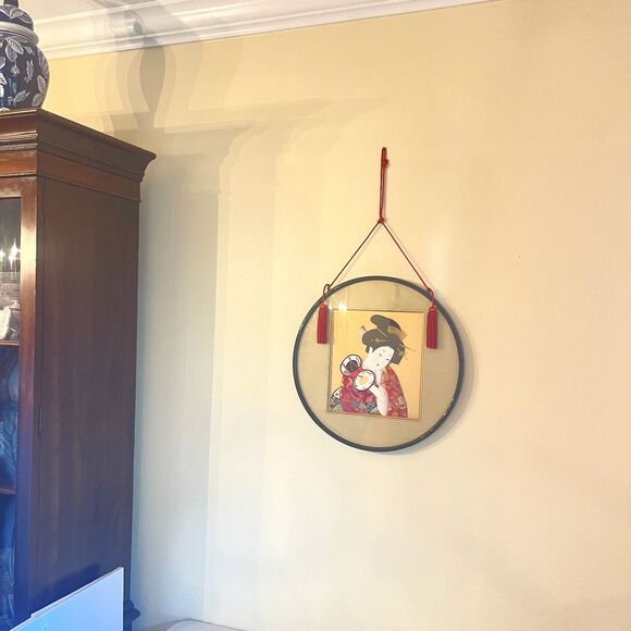 VTG Set of 2 Large Japanese Wall Art Frame 3D Silk Fabric Collage Geisha Floral - Picture 1 of 16